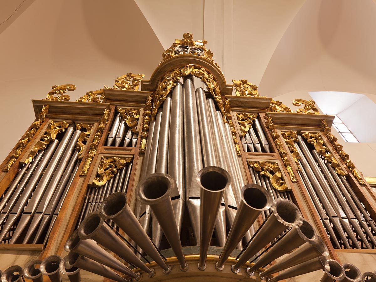 Large church musical organ pipes
